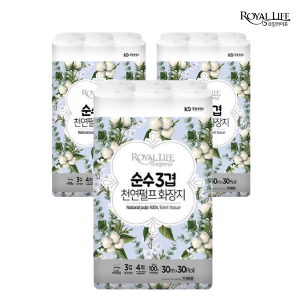  100% 천연펄프_로얄라이프 순수 프리미엄 3겹 30M X ( 30롤+30롤+30롤) 총 90롤 (대용량)