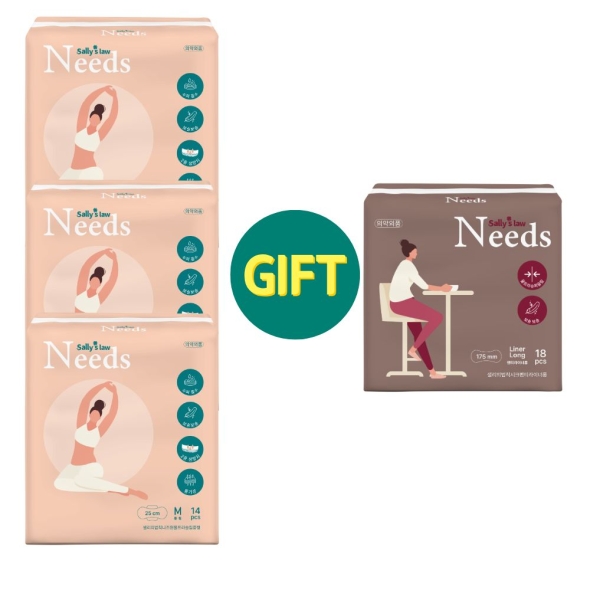국내산프리미엄생리대_샐리의 법칙 니즈원  국산 생리대 중형 14매 X 3팩+롱라이너1팩 추가(증정) 