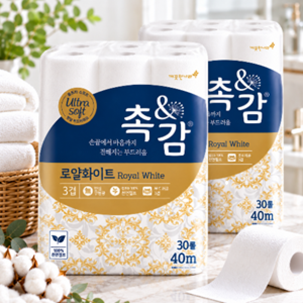 깨끗한나라 촉앤감 로얄화이트 3겹 천연펄프 화장지 40m 30롤 x 2팩 총 60롤