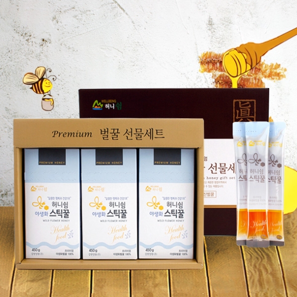 [강원양봉] 프리미엄 야생화 스틱꿀 선물세트 (15gx30개입x3박스)/쇼핑백포함