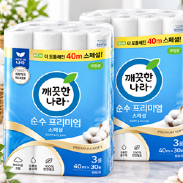 깨끗한나라 순수 프리미엄 슈퍼롱 3겹 화장지 40m *30롤 *2팩