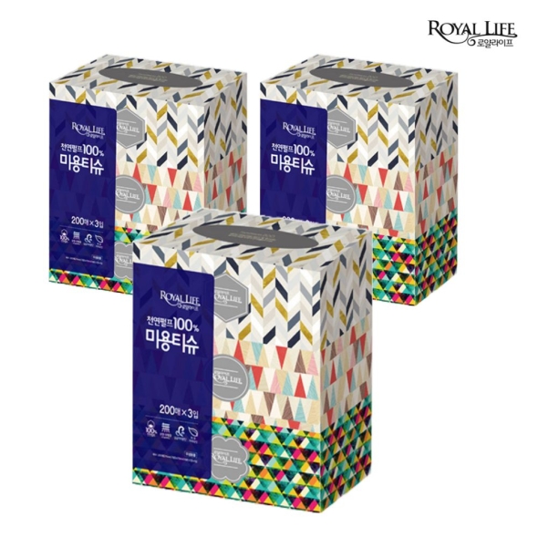 100% 천연펄프_로얄라이프 무형광,무향 프리미엄  미용 곽티슈  200매 X ( 3곽 +3곽+3곽)  총 9곽