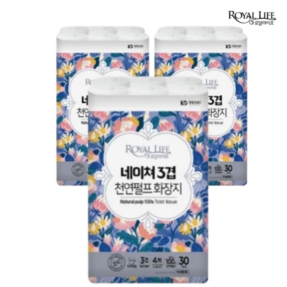  100% 천연펄프_로얄라이프 네이쳐 3겹 27M X (30롤+30롤+30롤) 총 90롤