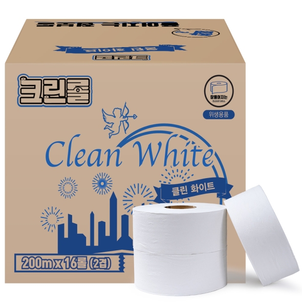 [신한카드 할인] 크린롤 물에잘녹는 업소용 대용량 화장지 휴지 무형광 엠보싱 클린 화이트 점보롤 200m 2겹x16롤