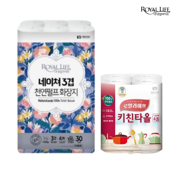 100% 천연펄프_알뜰기획_로얄라이프 네이쳐 3겹 27M X 30롤+키친타올 130매 4롤 (증정) 