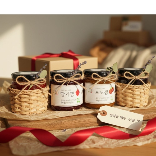 [신한카드 할인] 옥잠화 무농약 딸기 그대로 딸기잼 포도잼 참다래잼 블루베리잼 280g 4종 선물세트  