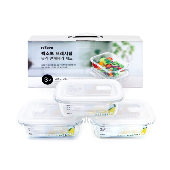 [렉소보] 프레시탑 유리 밀폐용기 세트(410ml X 3개) RXV-FRESH01