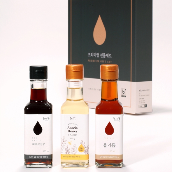[콩여울] 고창예찬3호 들기름165ml+아카시아꿀250g+재래식간장165ml