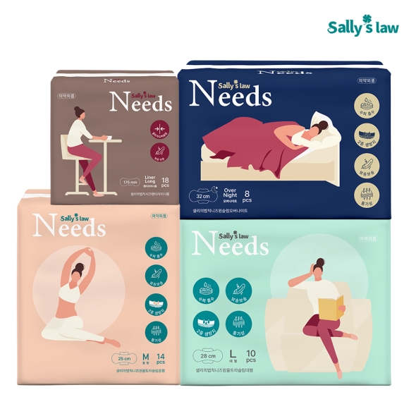  국내산프리미엄생리대_샐리의 법칙 니즈원 프리미엄 국산 생리대 롱팬티라이너18매 X 3팩+롱라이너1팩 추가(증정) 
