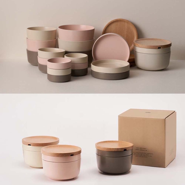 [보름데이] [모듈형  -7P세트]국내  황토  도자기 로만든  깔끔식기세트 (전기오븐/전자레인지/식기세척 가능)