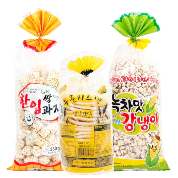 [전통과자] 3종 묶음 (뻥튀기120g+한입쌀과자330g+녹차맛강냉이380g/각1봉씩)