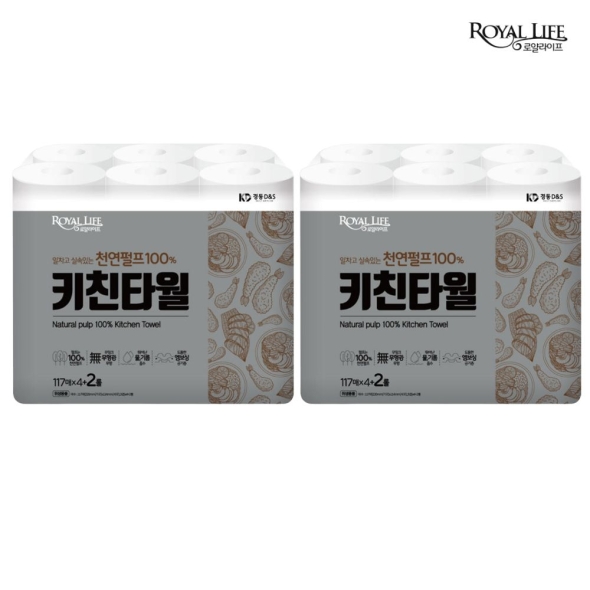 100% 천연펄프_로얄라이프 무형광,무향 키친타올 2겹  넓은 117매 X  ( 6롤+6롤)  총 12롤