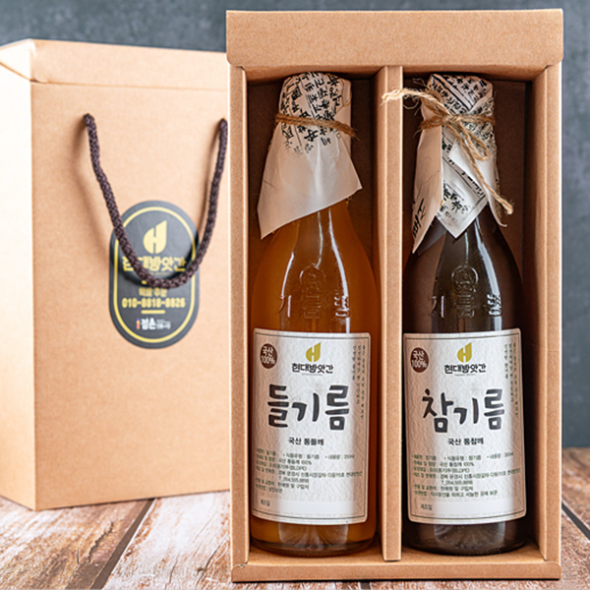  [문경현대방앗간]100% 국산 참기름 들기름  볶은참깨  2구 선물세트 350ml