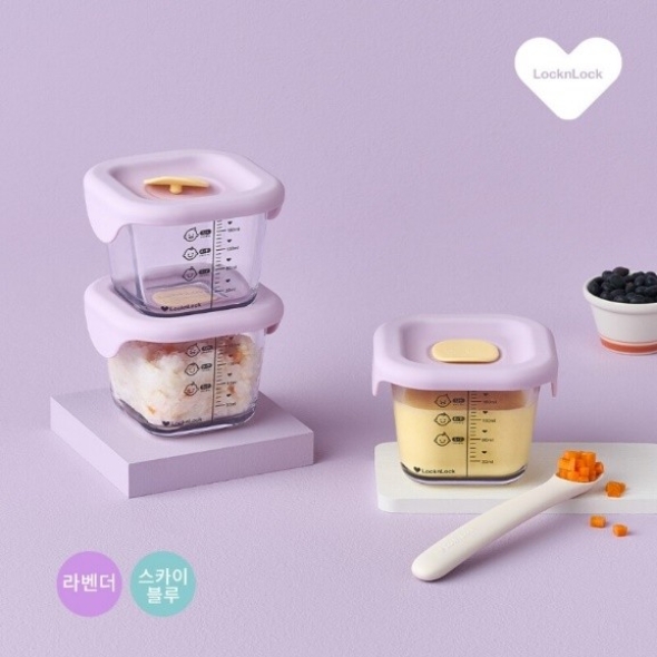  [락앤락] 리틀럽 디어 이유식용기 정사각 실리콘 간편캡 260ml 3p(라벤더/스카이블루)