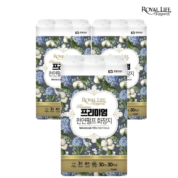 100% 천연펄프_로얄라이프 프리미엄 3겹 30M X  (30롤+30롤+30롤) 총 90롤 대용량