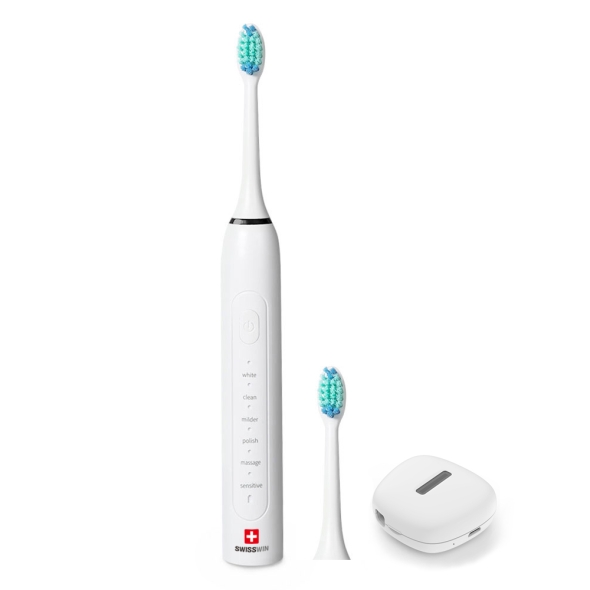 [스위스윈] 충전식 음파전동칫솔+칫솔모2p+[나오] UVC LED 휴대용 치솔살균기(화이트)