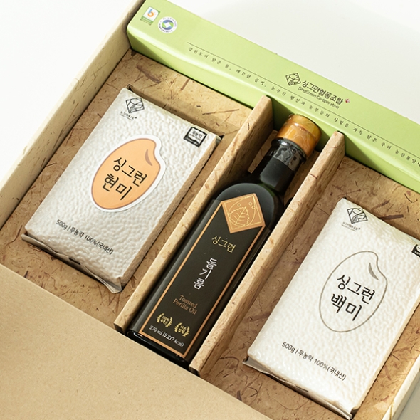 싱그런협동조합 무농약 진공쌀+들기름 선물세트 (백미+현미+들기름)