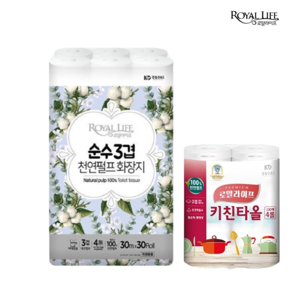 100% 천연펄프_고급기획_로얄라이프 프리미엄 3겹 30M X  30롤+키친타올 130매 X4롤(증정) 