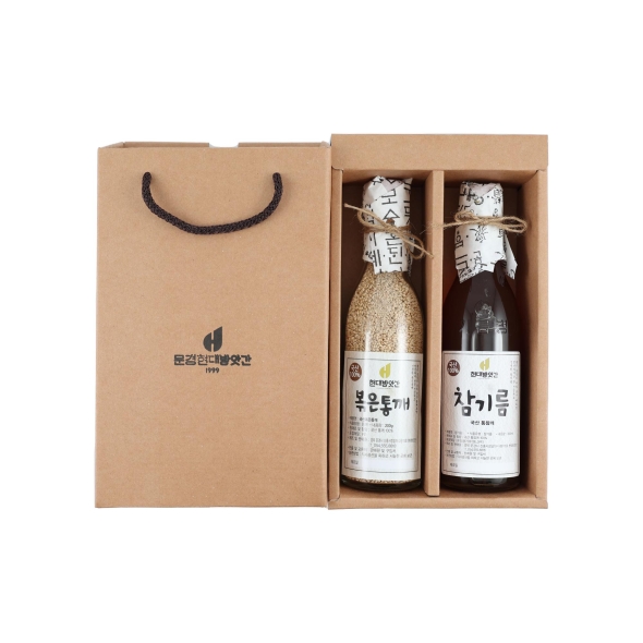   [문경현대방앗간]100% 국산 참기름 볶은참깨 2구선물세트 350ml