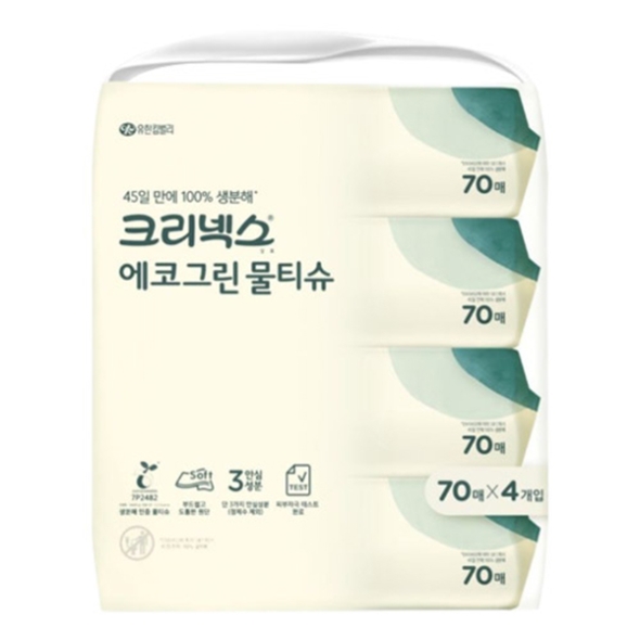 [크리넥스] 생분해 에코그린 물티슈 캡형70매x4입