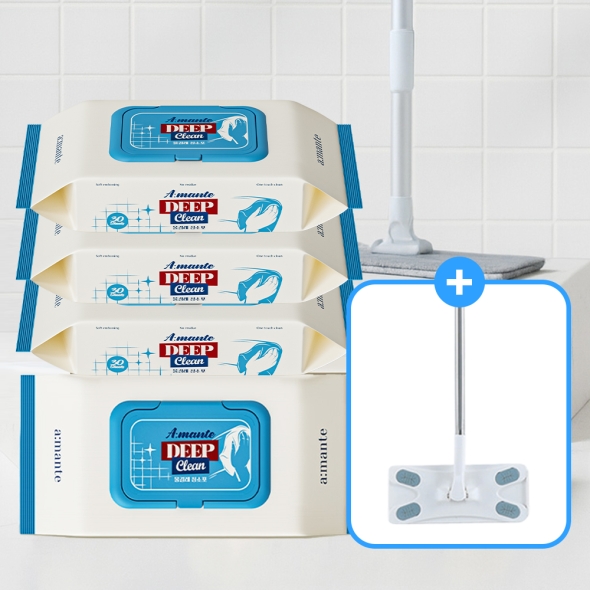 [아망떼]  물걸레청소포 먼지 바닥 청소물티슈 대형 4팩 120매 + 밀대 증정