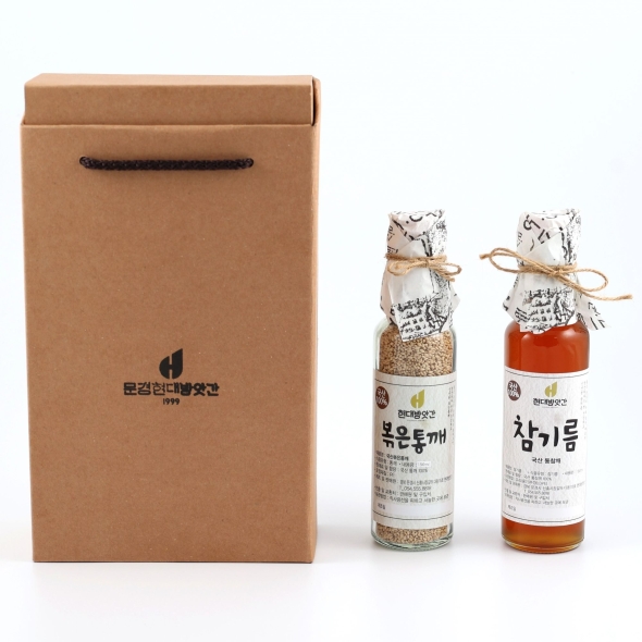  [문경현대방앗간]100% 국산 참기름 들기름  볶은참깨  2구 선물세트 350ml