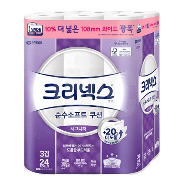 [크리넥스] 순수 소프트 쿠션 와이드 3겹 26m 24롤*4팩