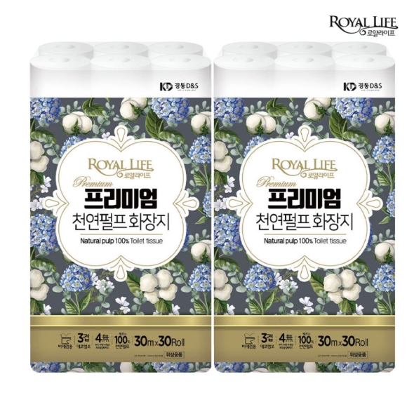100% 천연펄프_로얄라이프 프리미엄 3겹 30M X  (30롤+30롤) 총 60롤