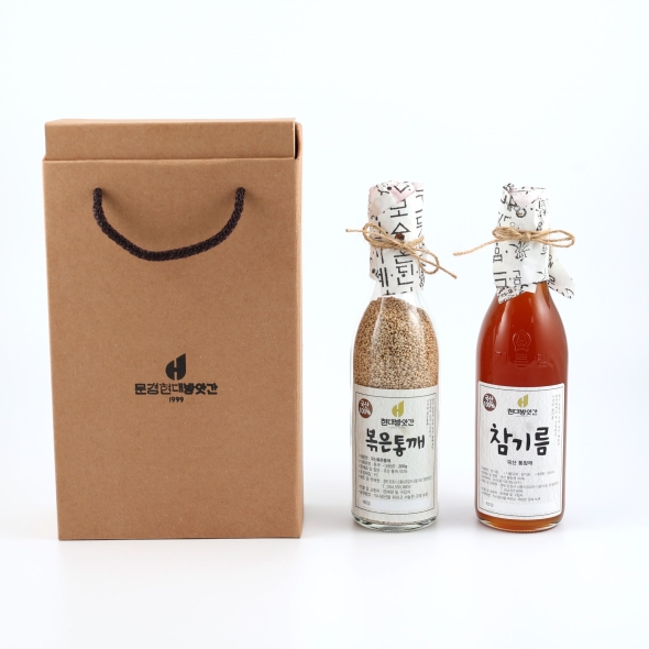  [문경현대방앗간]100% 국산 참기름 들기름  볶은참깨  2구 선물세트 350ml