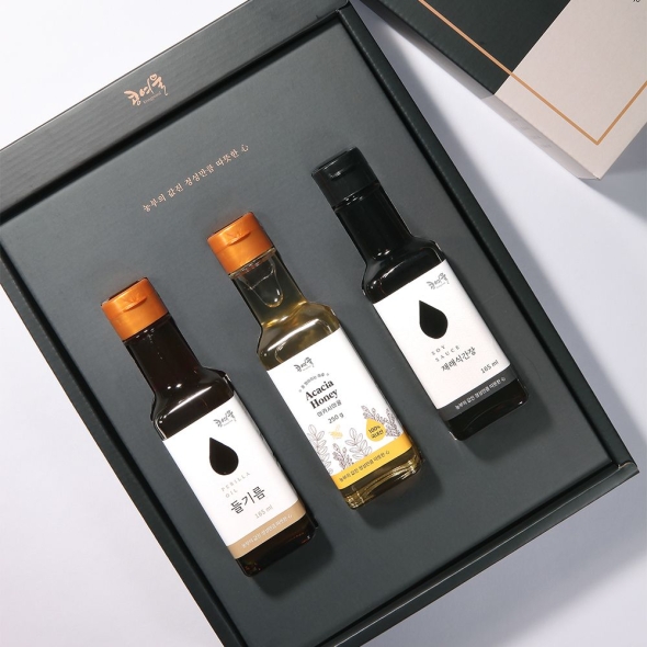 [콩여울] 고창예찬3호 들기름165ml+아카시아꿀250g+재래식간장165ml