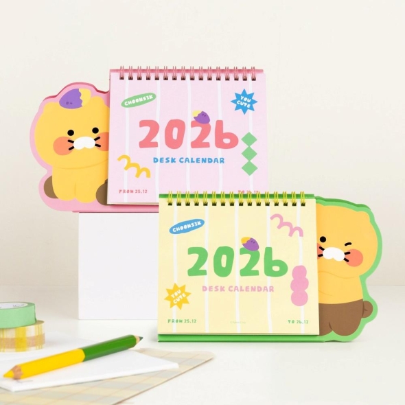 [만원의 행복] 2026년  춘식이  탁상  캘린더  (핑크/옐로우&그린)