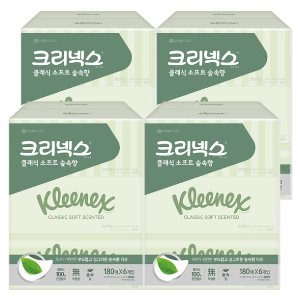 [크리넥스] 클래식 소프트 숲속향 미용티슈 각티슈 천연펄프 화장지 180매 6입  2세트