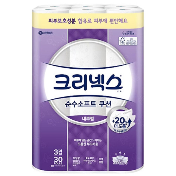  [크리넥스] 순수 소프트 쿠션 내추럴 3겹 30m 30롤 