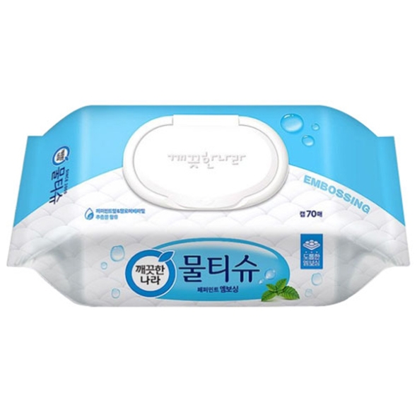 ★특가★[깨끗한나라] 페퍼민트 엠보싱 물티슈 캡형70매x10개