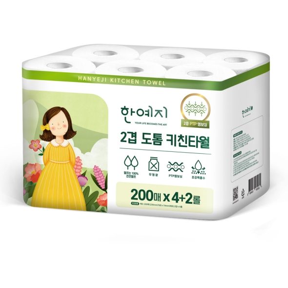 한예지 도톰 천연펄프 키친타올 200매 6롤 × 1팩