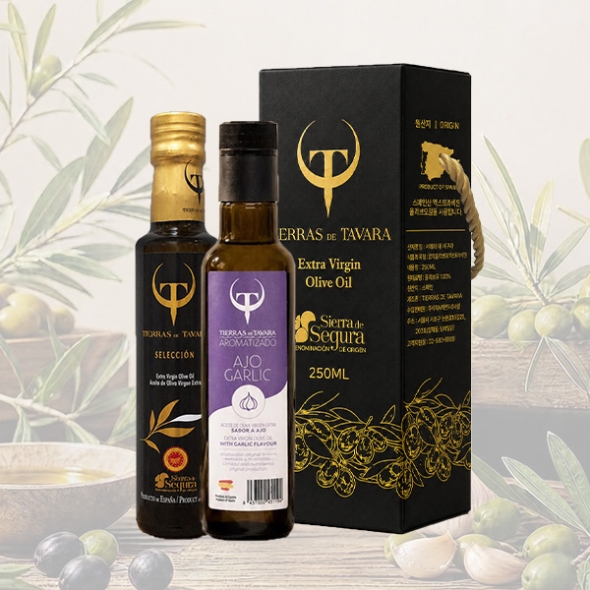 [TIERRAS DE TAVARA] 셀렉션+갈릭향 초저산도엑스트라버진  유기농올리브오일 2종세트 (250ml*2병)(케이스포함)
