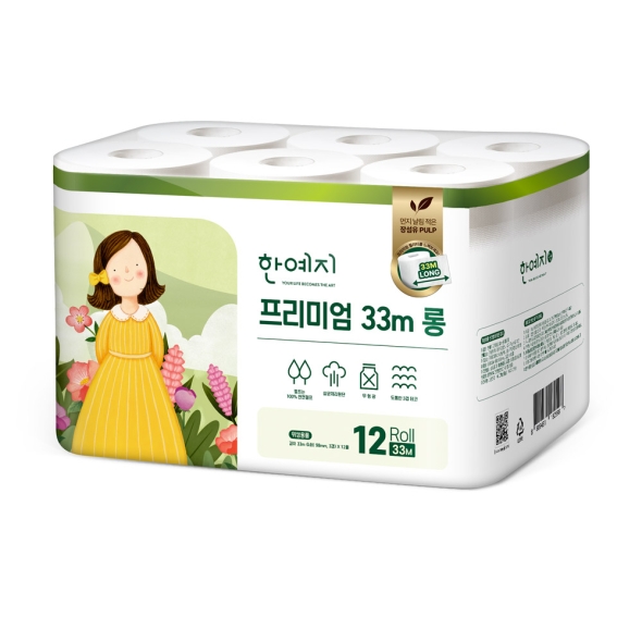 한예지 프리미엄 33M 롱 3겹 천연펄프 화장지 12롤 (1팩)