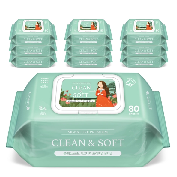 한예지 클린앤소프트 시그니처 프리미엄 고평량 엠보물티슈 캡형 80매 10팩