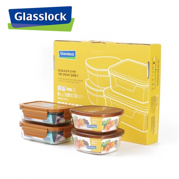 글라스락 황토 사각화채볼 & 직사각 4조 세트