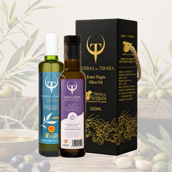 [TIERRAS DE TAVARA] 프리미엄+갈릭향 초저산도엑스트라버진  유기농올리브오일 2종세트 (250ml*2병)(케이스포함)