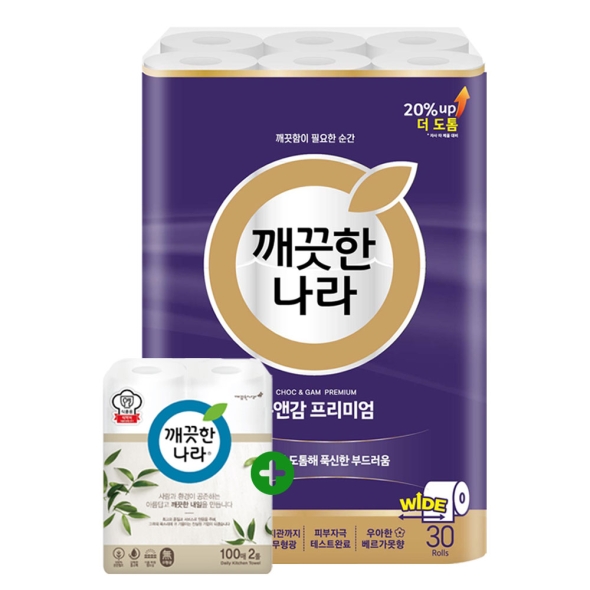 깨끗한나라 화장지 촉앤감 케어 30m 30롤 1팩 + 키친타올 100매 2롤
