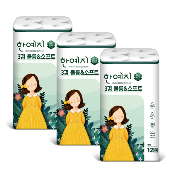 한예지 볼륨앤소프트 천연펄프 3겹 27M 12롤 (3팩)