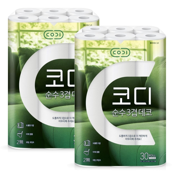 [코디]  쌍용 CODI 코디 순수 데코 30m 3겹 30롤 x 2 (60롤)